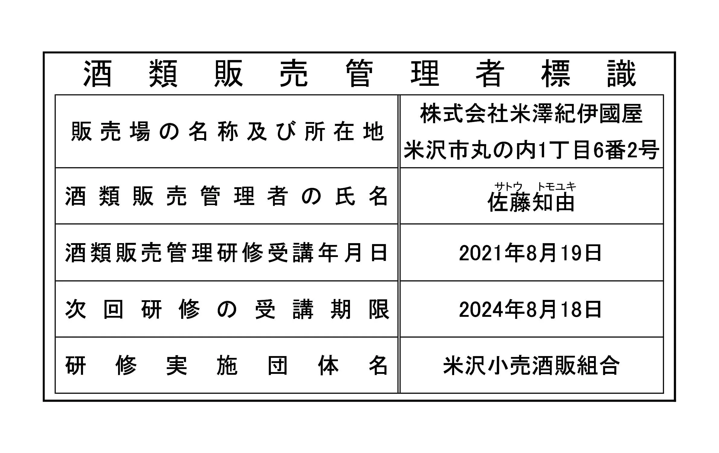 酒類販売管理者標識