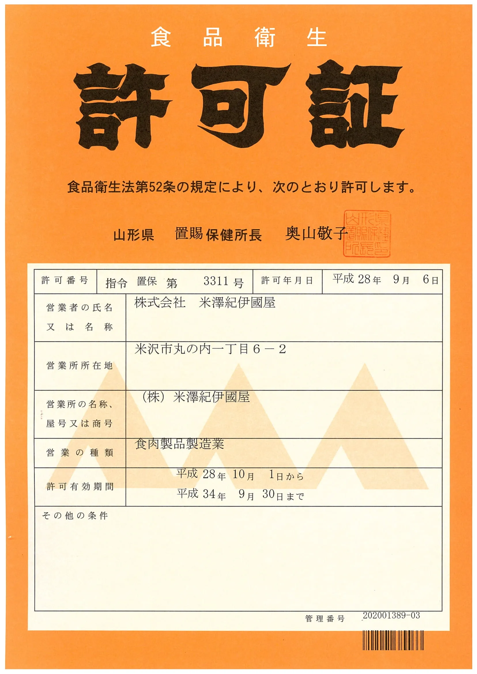 食肉製品製造業許可証